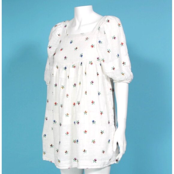 KIMCHI & BLUE White Floral Embroidered Folk Balloon Sleeve Babydoll Dress XS 114 - Picture 5 of 6